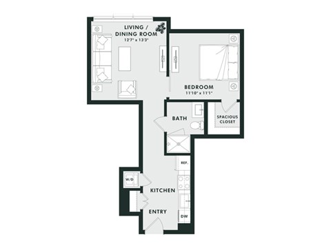Floor plan for 1 bed, 1 bath, 622 sqft